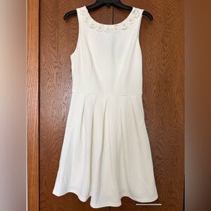 Blue Rain White Sleeveless Fit-and-Flare Dress with Floral Neckline
